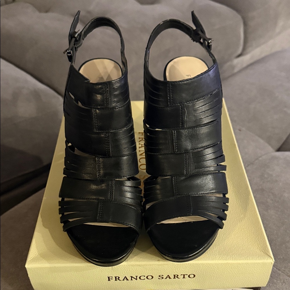 Franco Sarto Black Leather Strappy Cutout Slingback Heels